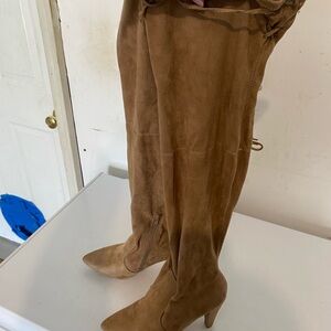 French Connection Tan Suede Over-the-Knee Heeled Boots